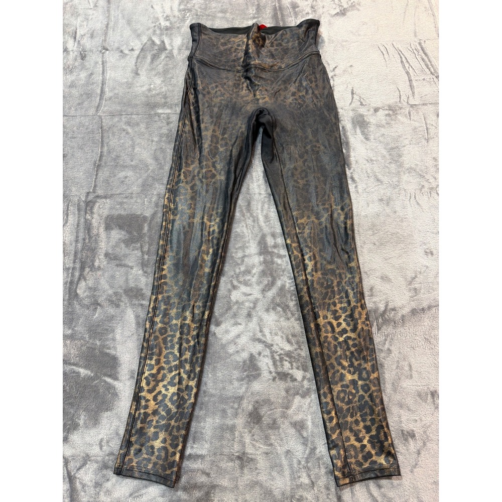 Spanx Faux Leather Leggings Womens Bronze Black Leopard Print Small Petite